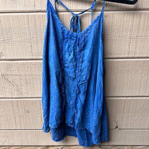 Free People Loose Blue Tank Top with Ruffles and Open Back